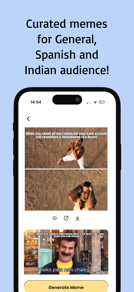Fai: Free AI Meme Generator - Faiアプリのインターフェイスには、生成ボタン付きのインドおよびスペインのオーディエンス向けのキュレーションされたミームテンプレートが表示されています。