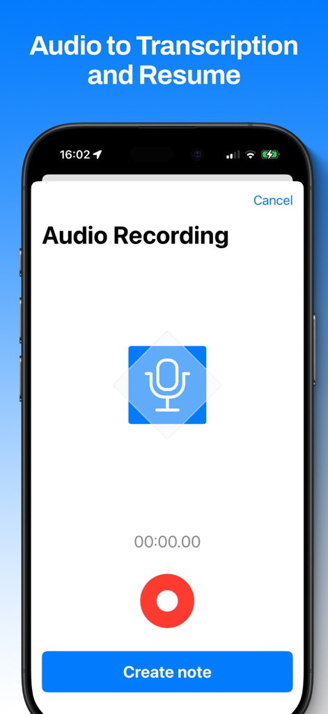 AI Note Taker: Voice Summary - Interfaz de grabación de audio de la aplicación AI Note Taker mostrando un ícono de micrófono y un botón de grabación rojo.