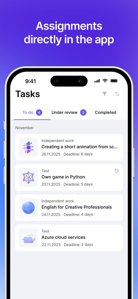 MyStat - MyStat app interface displaying student tasks and course assignments like Python and Azure tests