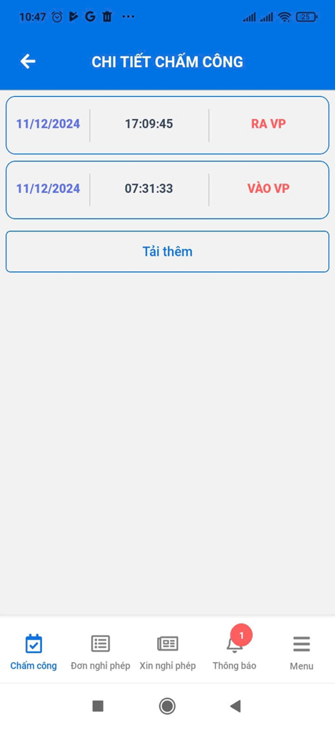 Hệ thống Chấm công - Mobile app interface showing daily clock-in and clock-out records for employee timekeeping in Vietnamese