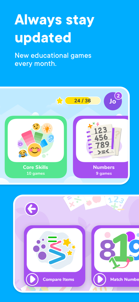 Otsimo | School and Classroom - Screenshot of Otsimo School and Classroom app showing categories for Core Skills and Numbers games
