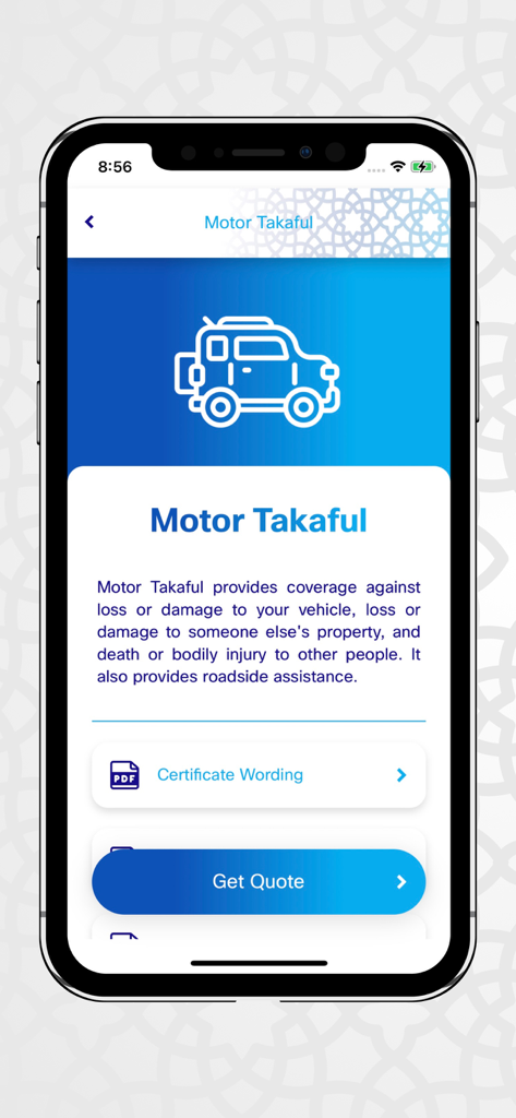 Bildschirm der Insurans Islam TAIB App für Motor Takaful-Versicherung mit einer Schaltfläche „Angebot erhalten“.