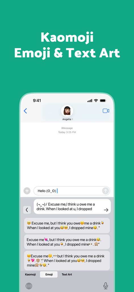 RizzKey -AI Emoji Keyboard - Interfaz del teclado IA RizzKey mostrando opciones de kaomoji, emoji y arte de texto en una app de chat móvil.