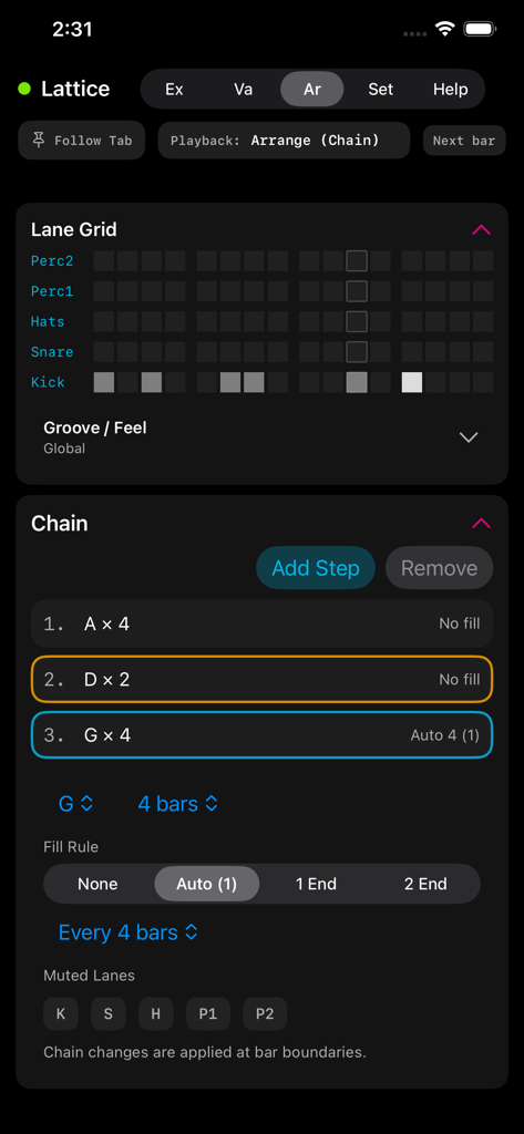 Lattice - Interfaz de la aplicación Lattice mostrando la cuadrícula de pistas del secuenciador de patrones de batería y la configuración de encadenamiento de patrones.