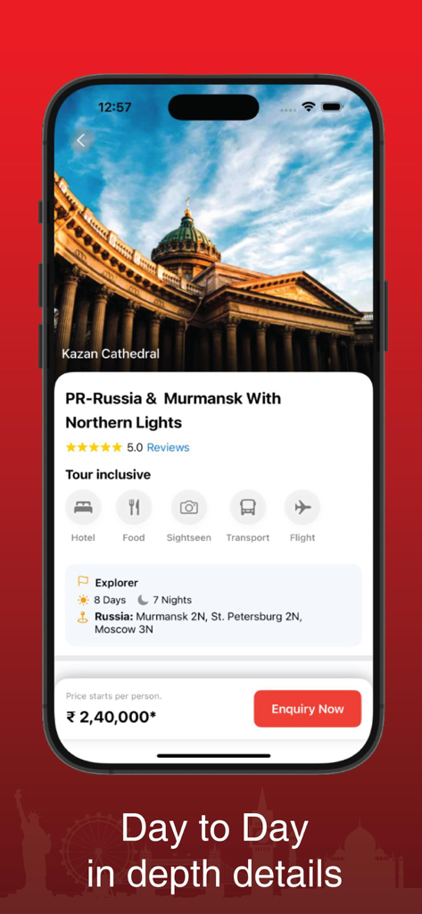 Kesari Tours - Kesari Tours mobile app showing details for a Russia and Murmansk tour package with itinerary and pricing