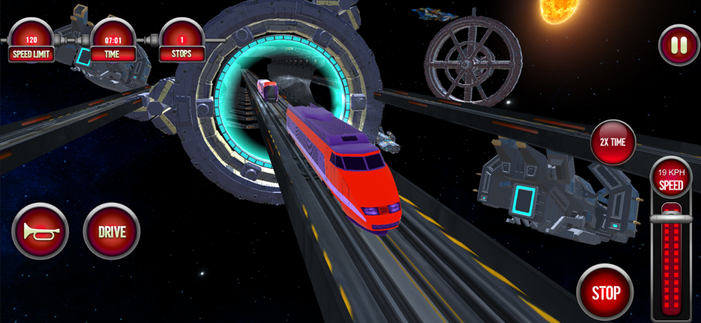 Un tren futurista rojo conduciendo a través de un portal brillante en una vía espacial con estrellas y planetas al fondo