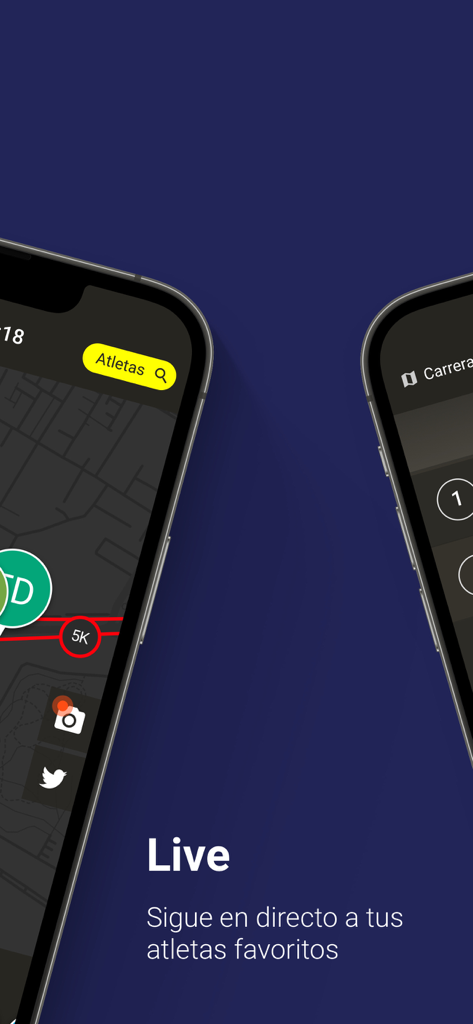 Interfaz de la aplicación RaceChip Aragon Live que muestra el seguimiento de atletas en tiempo real en un mapa