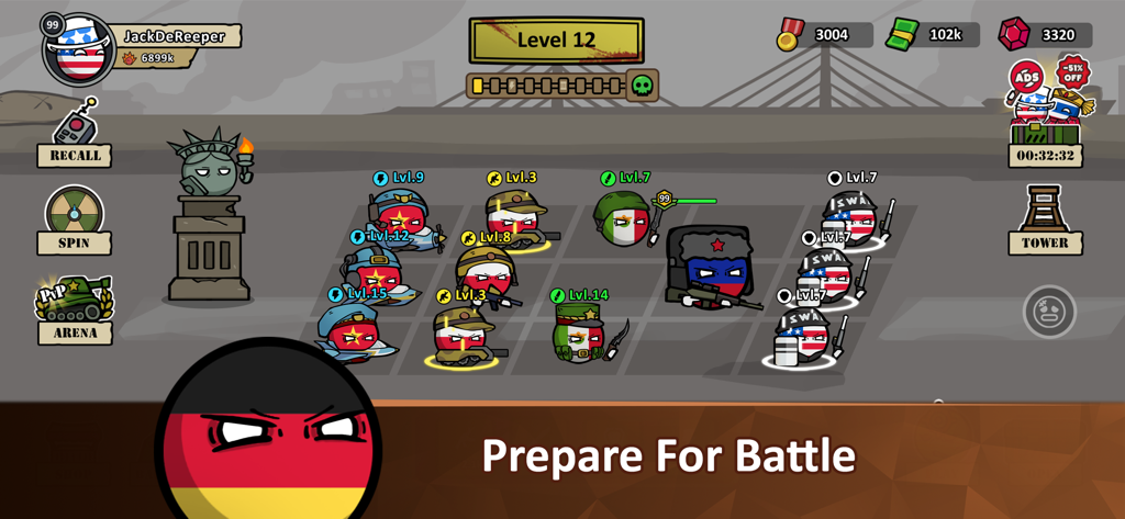 Countryballs - Zombie Attack - Gameplay screenshot of Countryballs Zombie Attack showing various countryball soldiers ready for battle on a grid