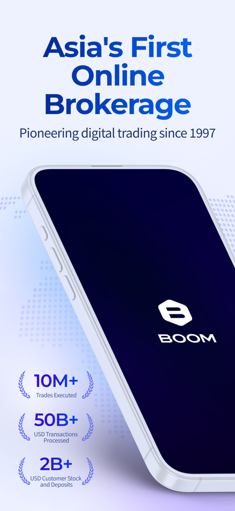 BOOM Mobile Trading - BOOM Mobile Trading app splash screen highlighting its history as Asia first online brokerage with key trading statistics