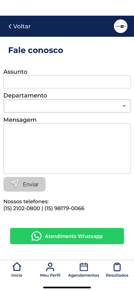 Centro Médico Sorocaba - A tela de contato do aplicativo Centro Médico Sorocaba com um formulário de mensagem e link de suporte do WhatsApp