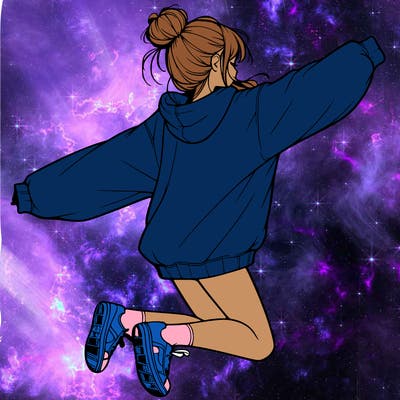 realistic girl jumping with a bun and oversized sweatshirt