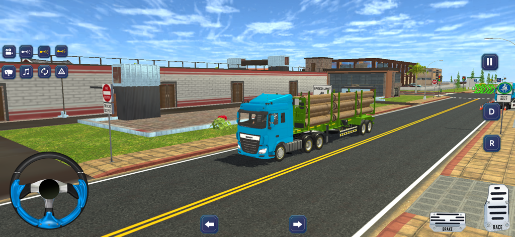 US Truck Driving Cargo Games - Un camión semirremolque azul transportando troncos por una calle de la ciudad en el simulador US Truck Driving Cargo.