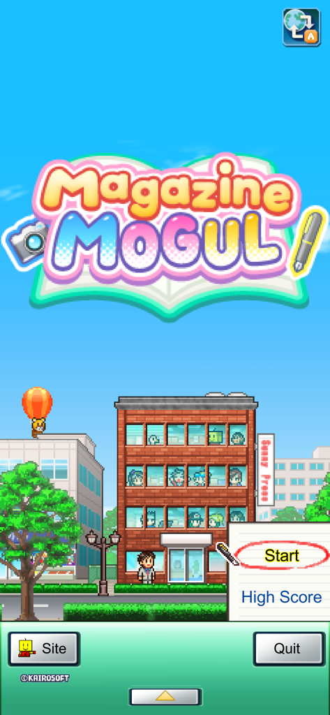 Title screen of the Magazine Mogul game showing a pixel art office building and start menu