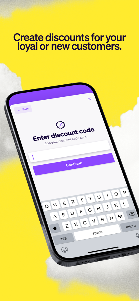 Pantalla de la aplicación de reservas Vev que muestra el campo de entrada de códigos de descuento y el teclado móvil.
