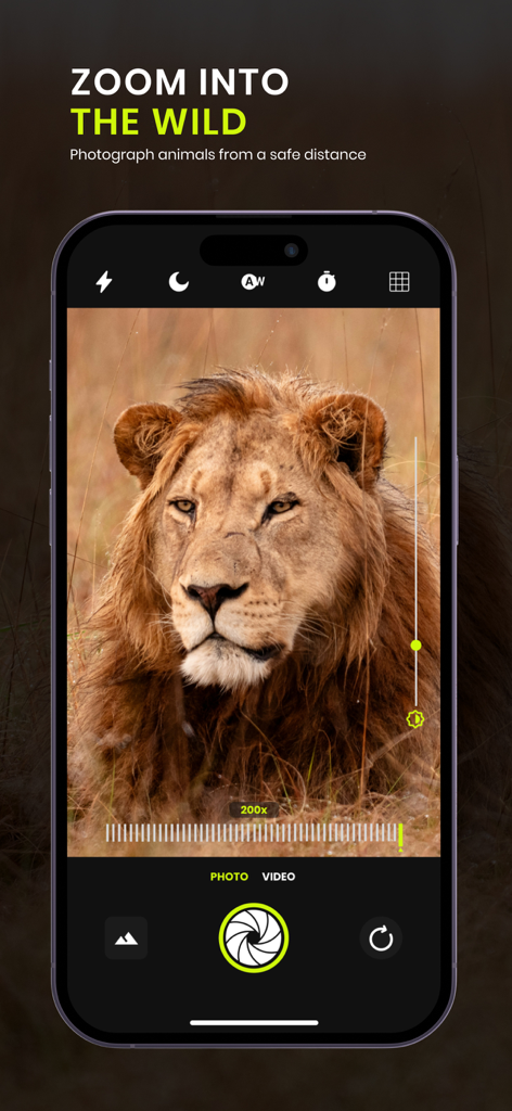Smartphone camera interface showing 200x zoom on a lion in the wild