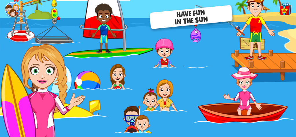 Cartoon characters enjoying various water activities like surfing and swimming at a beach