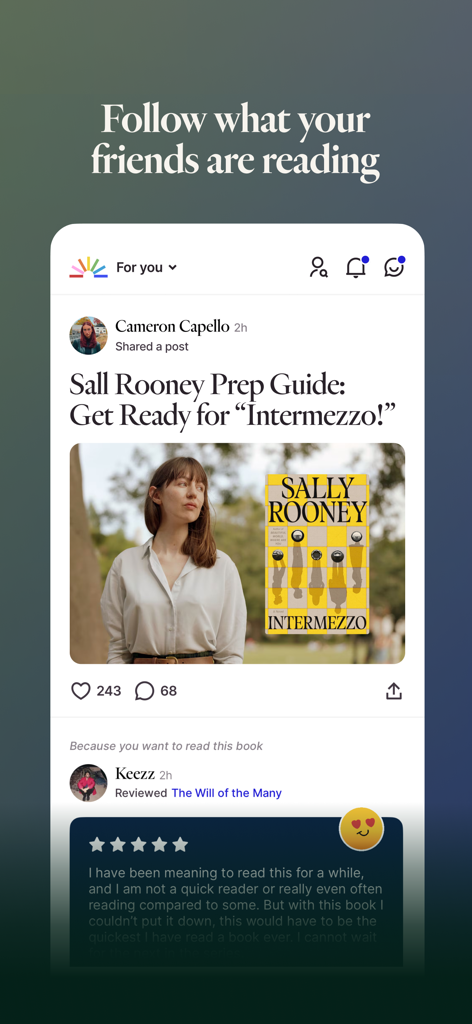 Fable app social feed showing book reviews and community updates from friends