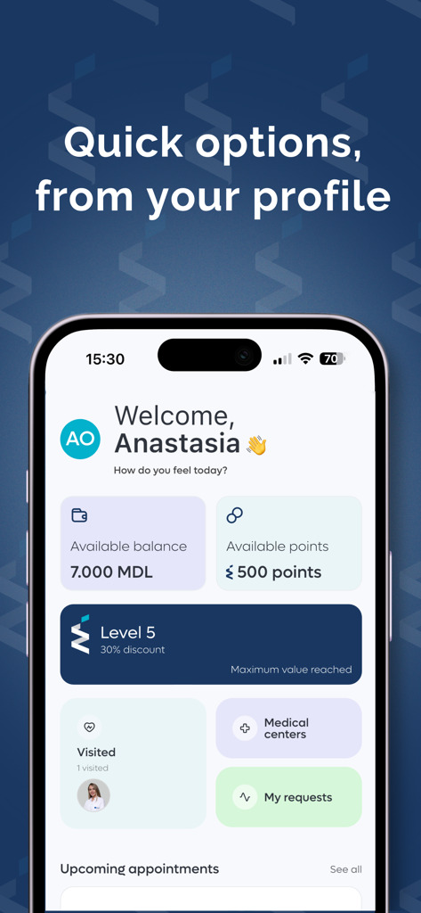 InvitroZen - Panel de perfil de la aplicación móvil InvitroZen que muestra el saldo del usuario, puntos de fidelidad y estado del nivel de fidelidad