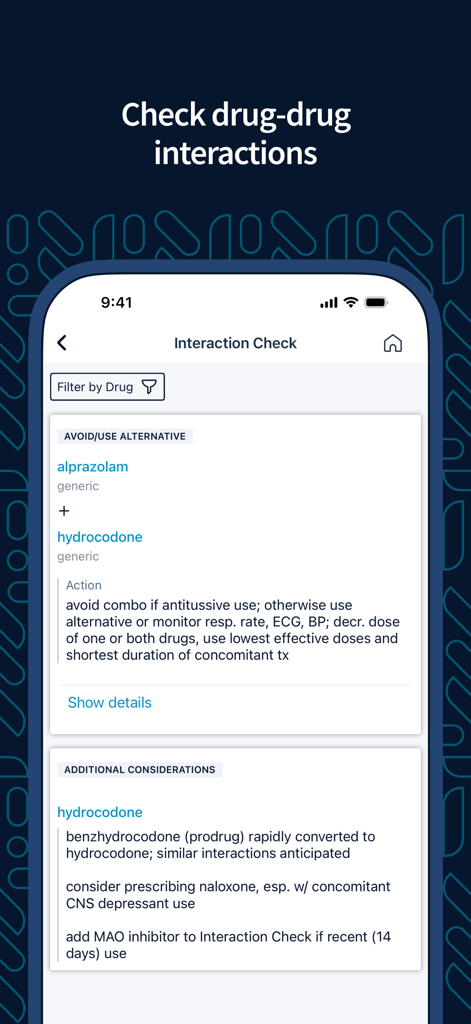 Epocrates mobile app interface displaying a drug-drug interaction check between alprazolam and hydrocodone with safety warnings.