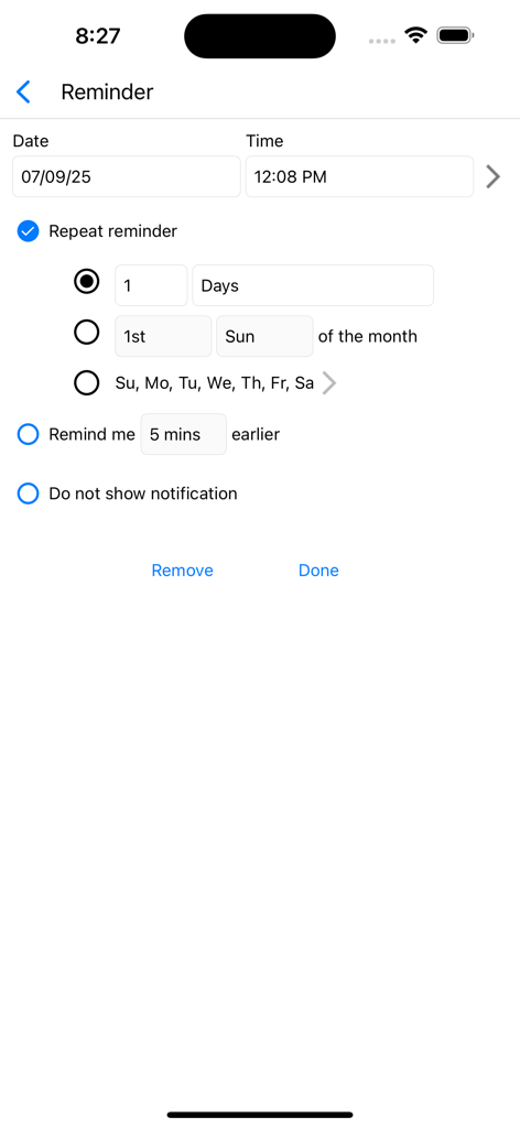 Notezilla - Notes & Reminders - Pantalla de la aplicación Notezilla para configurar recordatorios de fecha y hora con opciones de repetición