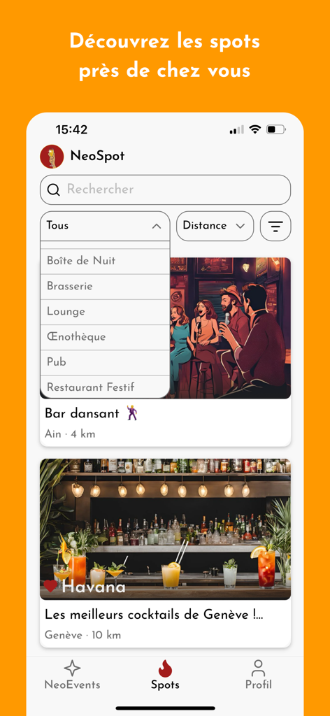 NeoSpot App Suchbildschirm mit Kategorien für Nachtclubs, Bars und Lounges mit einer Auflistung für eine Cocktailbar in Genf.