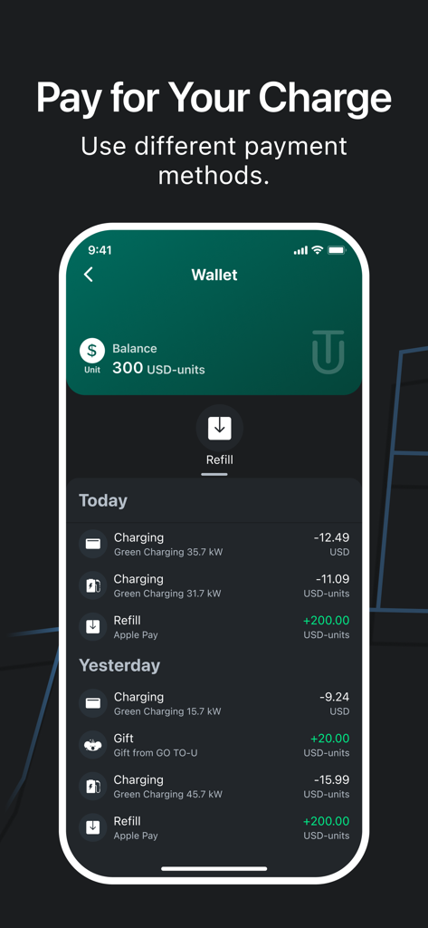 GO TO-U EV charging app wallet interface showing transaction history and payment options