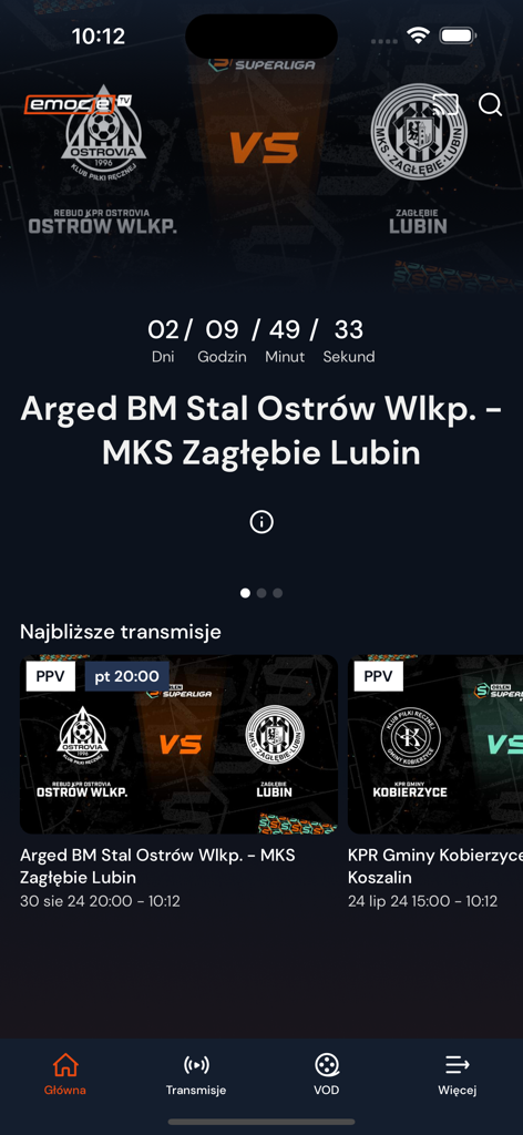 Emocje.TV - Home screen of the Emocje.TV app showing upcoming Polish handball matches and a countdown timer