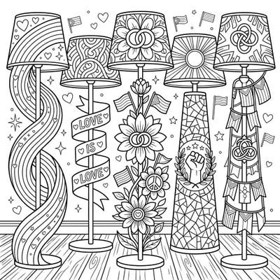Immerse yourself in a celebration of love and diversity with this stunning adult coloring page featuring five unique floor lamps. Each lamp is intricately designed with symbols representing Pride Month, offering a detailed and rewarding coloring experience.