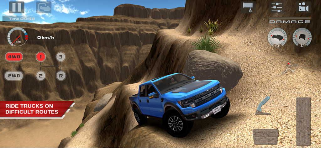 A blue 4x4 pickup truck navigating a steep rocky path in a desert simulation game showing technical driving controls.