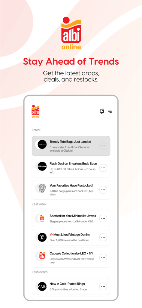Interface do aplicativo móvel Albi Online mostrando um feed de moda personalizado com notificações de últimos lançamentos e ofertas de marcas premium.