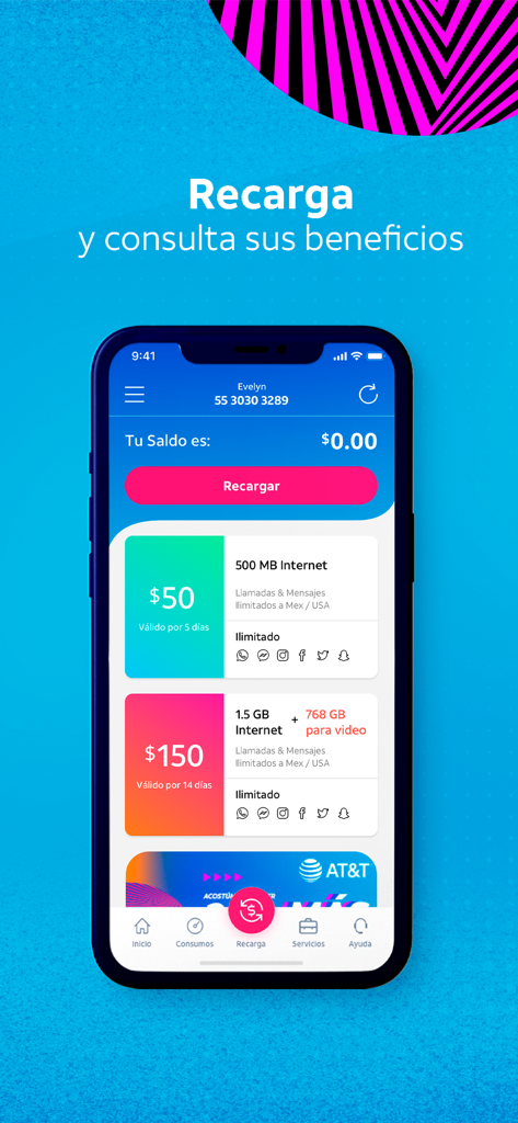 Mi AT&T - Mi AT&T mobile app screen showing prepaid recharge plans and data options.