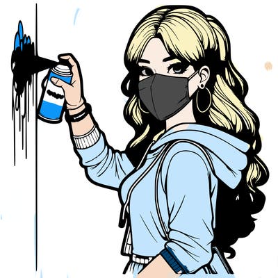 realistic girl with mask spray painting a wall