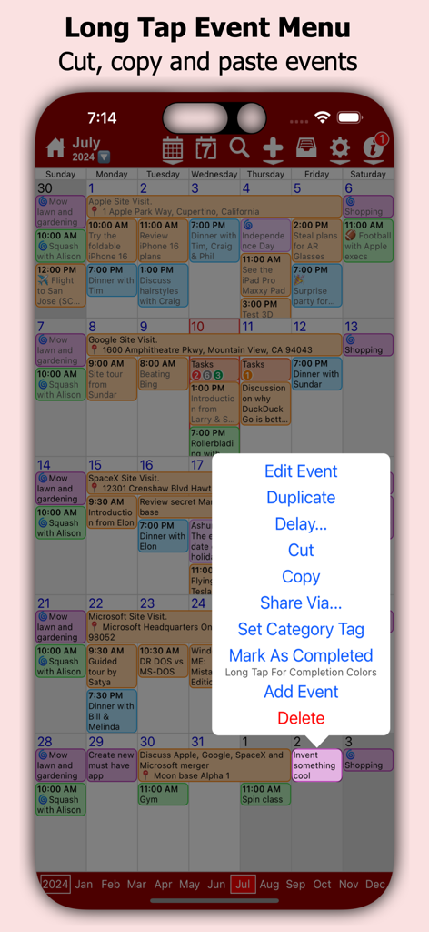 myCal PRO Planner - 이벤트 관리 팝업 메뉴가 있는 myCal PRO Planner 앱 월별 보기