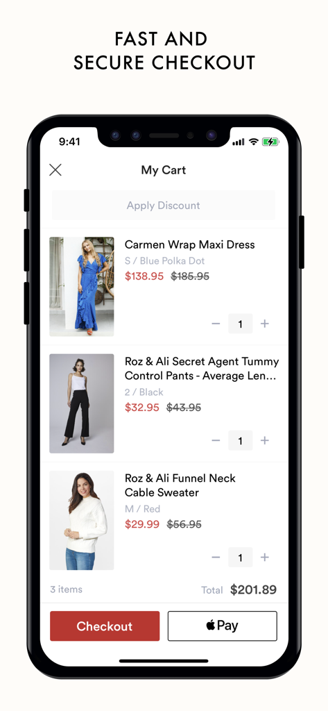 Dressbarn - The shopping cart screen of the Dressbarn mobile app showing a dress, pants, and sweater ready for checkout with an Apple Pay option.
