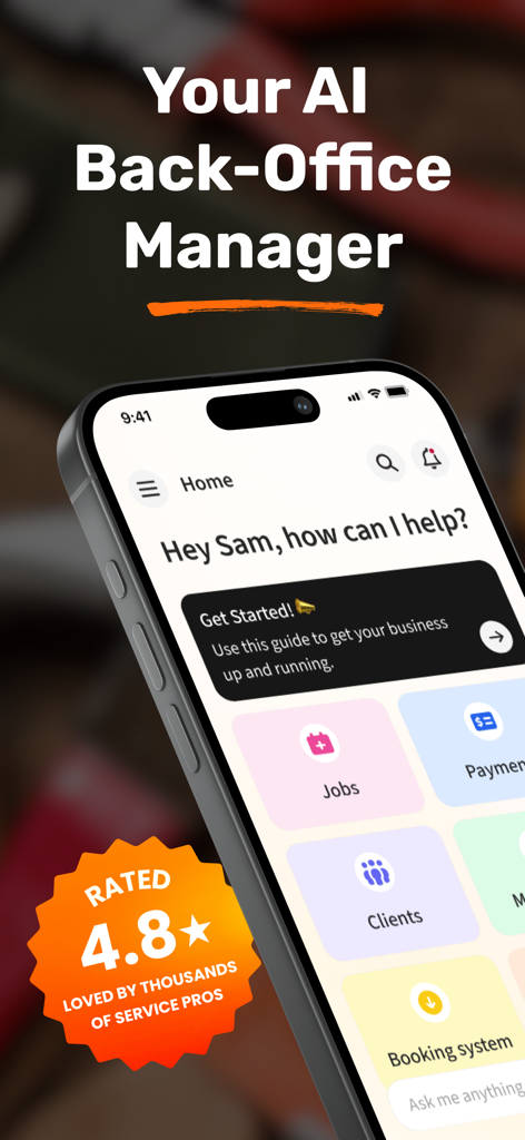 Overbooked : AI Field Service - 현장 서비스 전문가를 위한 업무 관리 도구(예약, 결제, 고객)가 포함된 Overbooked 앱 홈 화면을 보여주는 스마트폰.