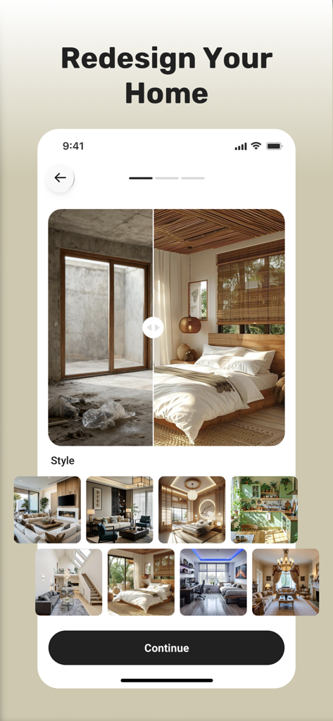 AI Home Designer - Interivo - Mobile app interface showing a before and after room renovation comparison using AI