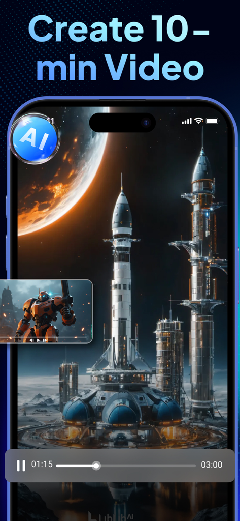 AI Video Generator - Vizmo AI - A smartphone screen showing the Vizmo AI app interface with a sci-fi space themed video and text reading Create 10-min Video