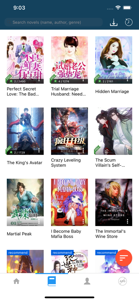 NovelReader app interface showing a grid of web novel covers and titles