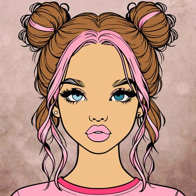 realistic girl with two buns in hair and lips