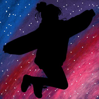 realistic girl jumping with a bun and oversized sweatshirt