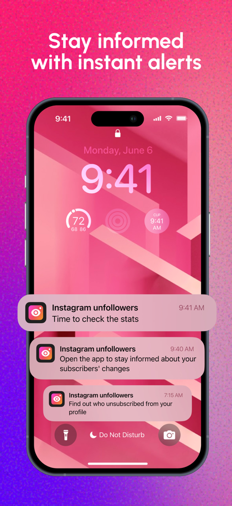 Tela de bloqueio do iPhone exibindo notificações instantâneas e alertas para rastrear seguidores e quem deixou de seguir no Instagram.