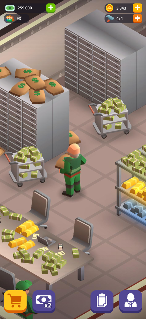 Idle Bank Tycoon - Game Empire - Vista isométrica de una bóveda bancaria con un personaje gestionando pilas de efectivo y lingotes de oro