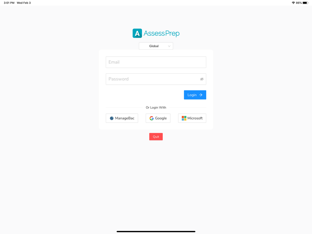 AssessPrep 로그인 화면 (이메일 및 비밀번호 입력란, ManageBac Google 및 Microsoft용 싱글 사인온 옵션 포함)