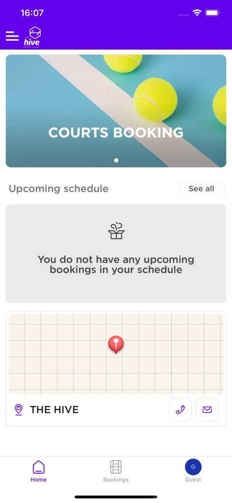 HIVE Padel - HIVE Padel app home screen with court booking and schedule sections