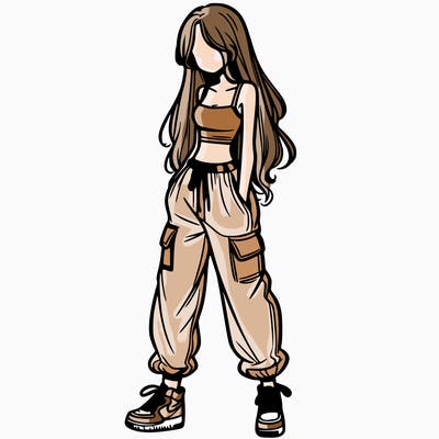 girl in baggy pants crop top and long hair