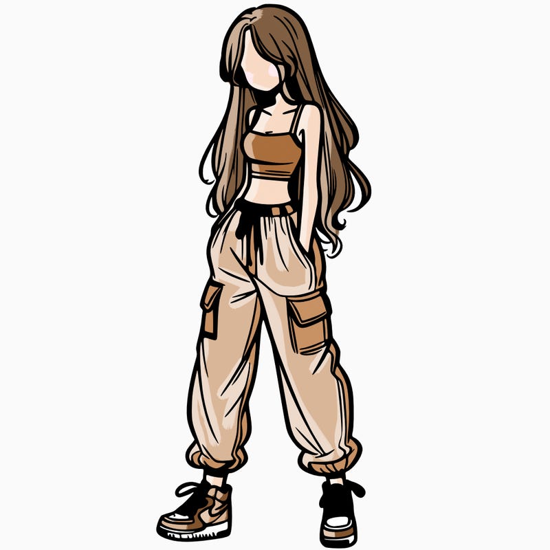 girl in baggy pants crop top and long hair