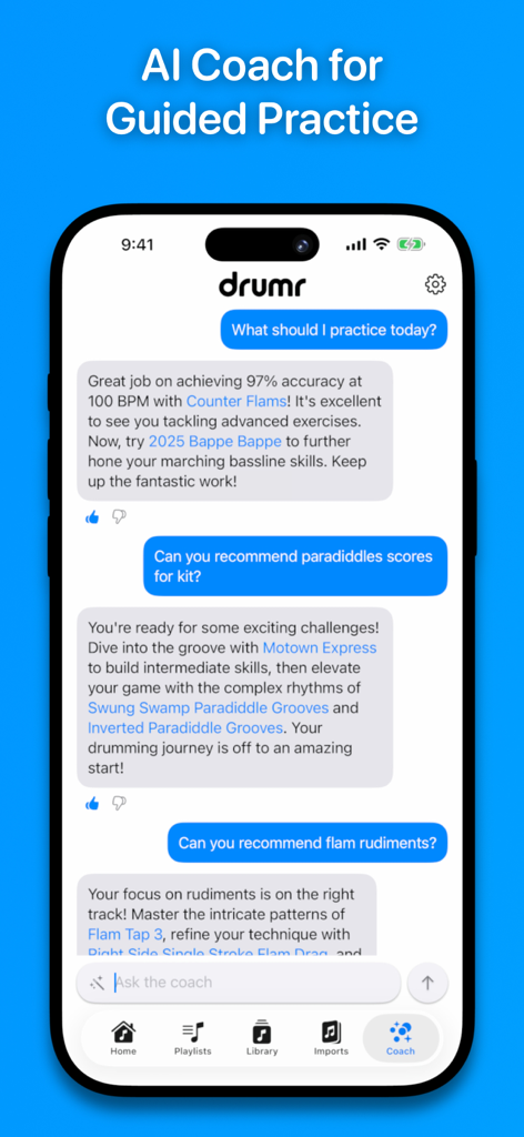 Drumr - Learn & Practice Drums - The Drumr app AI Coach interface showing a chat conversation with personalized drum practice recommendations and exercise feedback