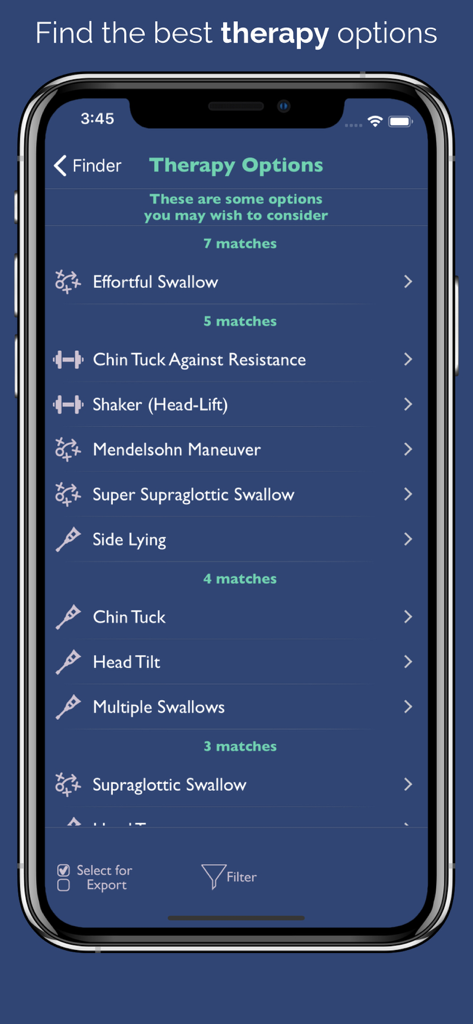 A list of dysphagia treatment options and exercises displayed on a mobile app interface