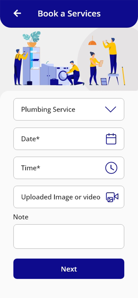 Pantalla de la aplicación Mend para reservar servicios de mantenimiento, incluyendo solicitudes de fontanería con opciones de fecha y foto.