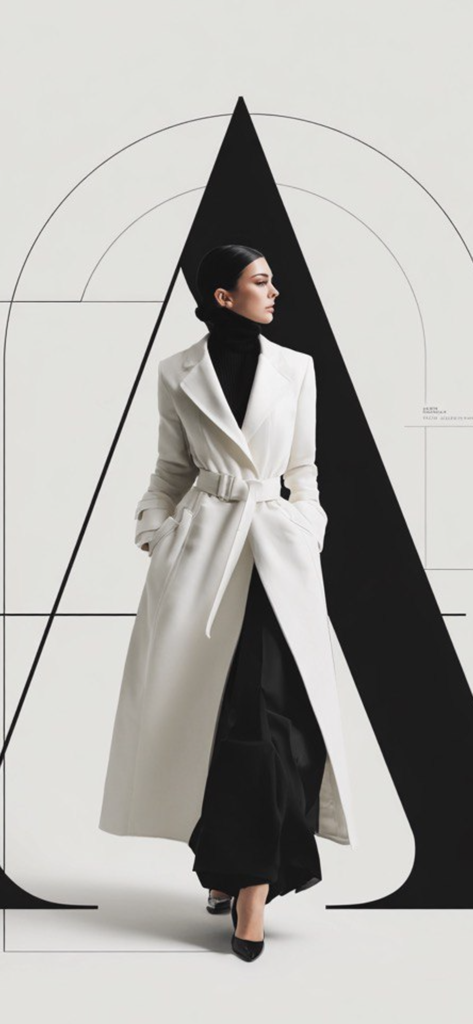 ApparelStyle - Eine elegante Frau in einem stilvollen weißen Trenchcoat vor einem minimalistischen grafischen Hintergrund